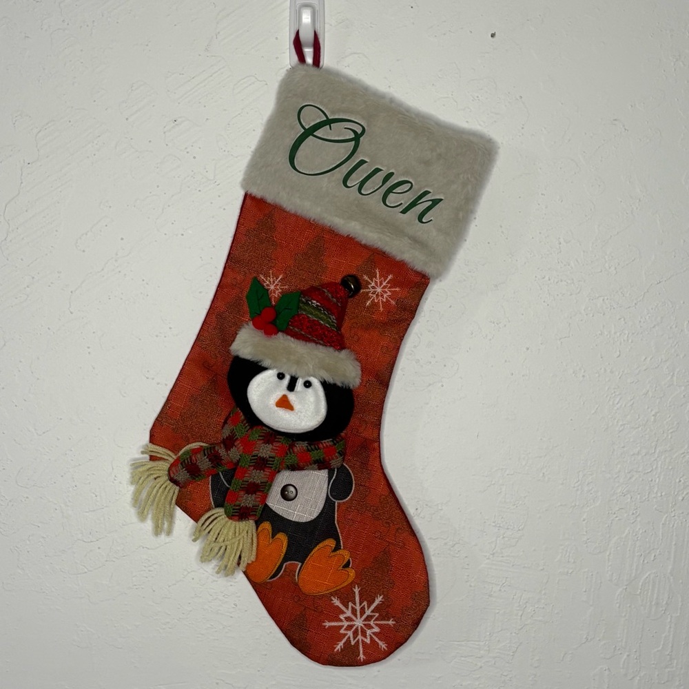 New Kids Christmas Stocking 3D Penguin Red White Cuff ‘Owen’ 15” Cuff to Heel